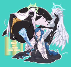 1girl angel_wings black_dress black_flower blue_background braid braided_ponytail character_name dizzy_(guilty_gear) dress fingerless_gloves flower front_slit gloves guilty_gear guilty_gear_strive halo headpat heart highres kadokura_(guilty_gear) kanea_(nikoinoillust) long_hair low-tied_long_hair narwhal necro_(guilty_gear) queen_dizzy ribbon seiza signature sitting solo spiked_halo swept_bangs tail tail_ornament tail_ribbon undine_(guilty_gear) white_flower wide_sleeves wings yellow_flower yellow_ribbon