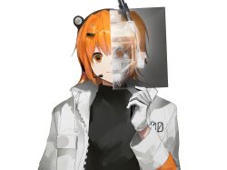 1girl a.i._voice absurdres adachi_rei black_shirt closed_eyes flat_chest fresa_pie gloves hair_between_eyes hair_ribbon hand_up hashtag-only_commentary head_tilt headlamp headphones headset highres holding jacket long_sleeves looking_at_viewer microphone open_clothes open_jacket orange_eyes radio_antenna ribbon shirt side_ponytail simple_background smile solo straight-on transparent_background utau white_gloves white_jacket white_ribbon x-ray_film zipper