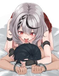 Rule 34 | 1boy, 1girl, absurdres, all fours, arm strap, bdsm, black gloves, black hair, blush, bondage, bound, bound wrists, braided sidelock, breast press, breasts, cleavage, commentary request, cuffs, double-parted bangs, ear licking, femdom, fingerless gloves, girl on top, gloves, grey hair, hair between eyes, handcuffs, hetero, highres, hololive, large breasts, licking, long bangs, looking at another, lying, medium hair, motion lines, multicolored hair, nail polish, nude, on bed, open mouth, plaid clothes, plaid skirt, pleated skirt, raised inner eyebrows, red eyes, red nails, red skirt, sakamata chloe, short hair, sidelocks, skirt, streaked hair, sweat, tongue, tongue out, tonton utaro, topless female, virtual youtuber