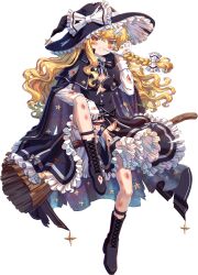 1girl absurdres adapted_costume biting biting_glove black_boots black_bra black_cape black_hat black_panties black_ribbon black_skirt black_vest blonde_hair bloomers blue_gemstone boots bow bra braid broom broom_riding buttons cape collared_shirt crossed_bandaids frilled_bow frilled_skirt frills full_body game_cg gem gloves hail_the_judge hat highres injury kirisame_marisa kumio long_sleeves non-web_source panties ribbon shin_strap shirt side_braid skirt smile space_print star_(symbol) starry_sky_print tachi-e teardrop torn_boots torn_bow torn_cape torn_clothes torn_footwear torn_hat torn_shirt torn_skirt torn_vest touhou touhou_blooming_chaos transparent_background underwear vest white_background white_bloomers white_bow white_gloves white_shirt witch_hat yellow_eyes