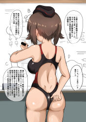 1girl absurdres adjusting_clothes adjusting_swimsuit ass blush breasts chaarai from_behind girls_und_panzer highres kuromorimine_military_uniform large_breasts military_uniform nishizumi_maho solo swimsuit