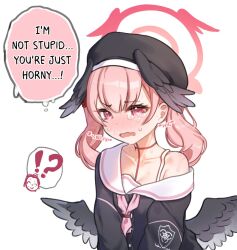 1girl black_wings blue_archive blush crying doodle_sensei_(blue_archive) english_text feathered_wings halo hat head_wings koharu_(blue_archive) low_wings open_mouth otaichiichi pink_eyes pink_hair pink_halo sensei_(blue_archive) shirt single_off_shoulder twintails white_background wings