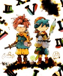 2boys bandana black_shirt blue_hair blue_pants blue_tunic boots brown_boots chrono_cross chrono_trigger closed_eyes crono_(chrono_trigger) ditkgs grey_tunic headband holding holding_oar holding_sword holding_weapon katana multiple_boys neckerchief oar pants red_bandana red_hair serge_(chrono_cross) shirt smile spiked_hair sword tunic weapon white_headband yellow_neckerchief yellow_pants