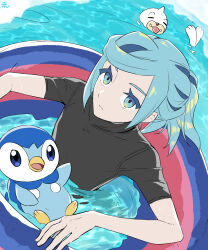 Rule 34 | 1boy, afloat, aqua eyes, aqua hair, closed mouth, commentary request, eyelashes, gen 1 pokemon, gen 4 pokemon, grusha (pokemon), highres, innertube, long hair, male focus, min (myna8247), nintendo, partially submerged, piplup, pokemon, pokemon (creature), pokemon sv, seel, shirt, short sleeves, swim ring, water
