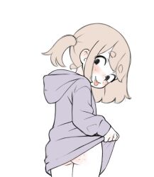 Rule 34 | 1girl, ass, body freckles, brown hair, closed mouth, clothes lift, cowboy shot, female focus, freckles, gluteal fold, grey hoodie, hood, hood down, hoodie, hoodie lift, lifting own clothes, long sleeves, looking at viewer, looking back, no panties, original, qtkat, short hair, side ponytail, sidelocks, simple background, smile, solo, tongue, tongue out, white background