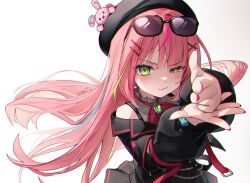 1girl :3 bare_shoulders black_hat black_jacket black_skirt bow bowtie brooch closed_mouth eyewear_on_head finger_gun floating_hair green_eyes grey_shirt hair_ornament hairclip hanako_nana hat ika_(4801055) jacket jewelry long_hair long_sleeves looking_at_viewer multicolored_hair nail_polish off_shoulder pink_hair pink_nails shirt simple_background skirt sleeveless sleeveless_shirt smile solo stellive streaked_hair sunglasses uneven_eyes upper_body v-shaped_eyebrows very_long_hair virtual_youtuber white_background x_hair_ornament