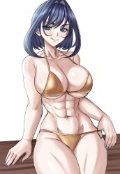 1girl :q abs absurdres alternate_costume bikini black_hair blue_eyes blue_nails breasts closed_mouth gold_bikini hair_intakes highres hololive hololive_english large_breasts medium_hair muscular muscular_female navel ouro_kronii sacrokies solo swimsuit tongue tongue_out virtual_youtuber white_background