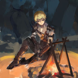 1boy armor belt blonde_hair brown_eyes brown_footwear burning campfire camping chinese_commentary commentary_request cooking dada4329 dark derrick_berg fire gauntlets highres looking_at_object lord_of_the_mysteries night on_ground pauldrons pot shaded_face shirt short_hair shoulder_armor sitting solo stone white_shirt