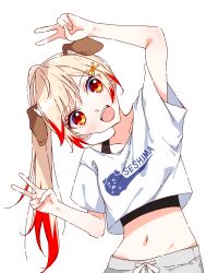 1girl :d absurdres animal_ears black_tank_top blonde_hair blush chukachuka commentary_request dog_ears dog_girl double_v droopy_ears grey_shorts hair_ornament high_ponytail highres leaning_to_the_side long_hair midriff multicolored_hair nanashi_inc. navel open_mouth orange_eyes ponytail red_hair seshima_rui shirt shorts simple_background smile solo tank_top teeth transparent_background two-tone_hair upper_body upper_teeth_only v virtual_youtuber white_shirt x_hair_ornament