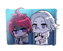 Rule 34 | 2boys, ahoge, aotsuki eito, black hair, blue background, blue eyes, border, crossed arms, eyebrows, eyelashes, looking at viewer, male focus, messy hair, multicolored hair, multiple boys, parted hair, red hair, sumino takumi, the hundred line -last defense academy-, white border, white hair