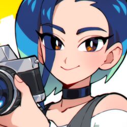 1girl 333_(dqqqdle) bare_shoulders black_choker blue_hair bob_cut brown_eyes camera choker collarbone crop_top gradient_hair grey_shirt holding holding_camera loose_hair_strand multicolored_hair nintendo perrin_(pokemon) photographer pokemon pokemon_sv ribbed_shirt shirt short_hair sleeveless sleeveless_shirt solo undershirt upper_body v-neck watch wristwatch