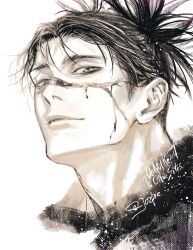 1boy black_hair blood blood_on_face choso_(jujutsu_kaisen) closed_mouth highres jozpic jujutsu_kaisen light_smile lips looking_at_viewer male_focus monochrome nose portrait scar scar_on_face short_hair short_twintails simple_background solo twintails white_background