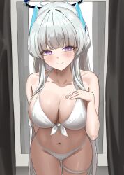 1girl absurdres alternate_costume bare_shoulders bikini blue_archive blush closed_mouth collarbone commentary fast_owl fingernails grey_hair hand_on_own_chest hand_up hashtag-only_commentary highres long_hair looking_at_viewer navel noa_(blue_archive) purple_eyes smile solo stomach swimsuit thigh_strap very_long_hair white_bikini