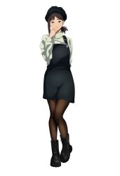 Rule 34 | 1girl, absurdres, boots, breasts, brown eyes, brown hair, chainsaw man, hair ornament, hairclip, hat, higashiyama kobeni, highres, knew nothing, looking at viewer, pantyhose, short hair, side ponytail, white background