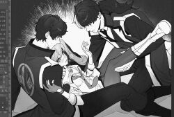 1girl 2boys ace_attorney art_program_in_frame athena_cykes blush boots boy_sandwich coat dual_persona gloves greyscale holding_another&#039;s_leg jacket jewelry long_hair looking_at_another low_ponytail monochrome multiple_boys necklace necktie panties pantyhose parted_lips partially_fingerless_gloves phoenix_wright:_ace_attorney_-_dual_destinies ponytail salted_whale sandwiched shirt side_ponytail simon_blackquill sleeveless sleeveless_coat small_sweatdrop time_paradox underwear