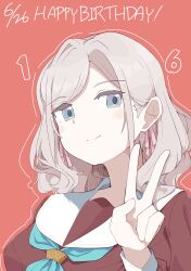 1girl absurdres aqua_neckerchief breasts ceras_yanagida_lilienfeld character_age closed_mouth commentary dated dress grey_hair hair_ribbon happy_birthday hashtag-only_commentary hasu_no_sora_school_uniform highres link!_like!_love_live! long_hair looking_at_viewer love_live! medium_breasts neckerchief pink_ribbon red_background ribbon sailor_collar sailor_dress school_uniform simple_background sio_pasta smile solo split_mouth upper_body v virtual_youtuber white_sailor_collar winter_uniform
