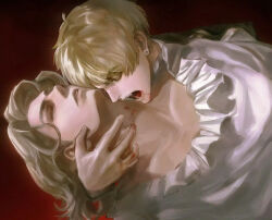 2boys axis_powers_hetalia blonde_hair blood blood_on_face closed_eyes earrings fangs france_(hetalia) jewelry male_focus medium_hair multiple_boys open_mouth red_background shirt short_hair simple_background thick_eyebrows united_kingdom_(hetalia) vampire wafen_juemu white_shirt yaoi