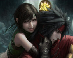 1boy 1girl absurdres affectionate arm_around_shoulder artist_name black_hair brown_eyes brown_hair cloak collar_tug collared_cloak cropped_sweater english_text final_fantasy final_fantasy_vii final_fantasy_vii_remake forehead_protector gloves glowing green_shirt green_sweater happy headband highres honeybunny-art hug light_smile long_hair looking_at_viewer materia ninja ninja_(final_fantasy) red_cloak red_eyes red_headband shirt sleeveless sleeveless_turtleneck smile spiked_hair sweater teeth turtleneck turtleneck_sweater vincent_valentine yuffie_kisaragi