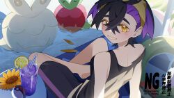 Rule 34 | 1boy, absurdres, ame akira, applin, barefoot, black hair, black shorts, black tank top, blush, chinese text, commentary, crossed bangs, cup, drinking straw, english text, flower, food, fruit, gen 8 pokemon, hair between eyes, hairband, highres, ice, ice cube, innertube, kieran (pokemon), lemon, lemon slice, looking at viewer, looking back, male focus, mole, mole on neck, multicolored hair, nintendo, poke ball, poke ball (basic), pokemon, pokemon (creature), pokemon sv, purple hair, sand, sand sculpture, shorts, sitting, sparkle, sunflower, swim ring, symbol-only commentary, tank top, watermark, yellow eyes, yellow flower, yellow hairband