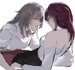 Rule 34 | 2girls, bad id, bad twitter id, black shorts, commentary, grey hair, honkai: star rail, honkai (series), kafka (honkai: star rail), long hair, long sleeves, multiple girls, open mouth, ponytail, purple eyes, rokibent, shirt, shorts, stelle (honkai: star rail), trailblazer (honkai: star rail), white shirt, yellow eyes, yuri