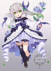 Rule 34 | 1girl, black shoes, black shorts, black thighhighs, cross-shaped pupils, dress, flower, genshin impact, green eyes, green hair, grey hair, hair between eyes, hair flower, hair ornament, highres, hiki yuichi, jewelry, long hair, long sleeves, multicolored hair, nahida (genshin impact), open mouth, pointy ears, shoes, shorts, side ponytail, single thighhigh, solo, streaked hair, symbol-shaped pupils, thighhighs, white dress