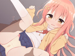 1boy 1girl blue_skirt blush bow brown_eyes brown_jacket clothes_lift commentary_request drawstring feet_out_of_frame grey_background hair_between_eyes hair_ornament hairclip hetero hood hood_down hooded_jacket ii_(ayanepuna) jacket kneehighs long_hair long_sleeves looking_at_viewer lying on_back open_clothes open_jacket open_mouth original panties pink_hair pleated_skirt pussy_juice_stain red_bow sailor_collar shirt skirt skirt_lift sleeves_past_wrists socks solo_focus stained_panties tearing_up tears two_side_up underwear very_long_hair white_sailor_collar white_shirt white_socks yellow_panties yuune_(ayanepuna)