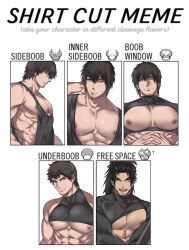 3boys abs absurdres adventurer_(ff14) ardbert_hylfyst bara bare_pectorals black_shirt black_tank_top blue_eyes closed_mouth clothes_lift clothing_cutout english_text facial_hair final_fantasy final_fantasy_xiv hien_rijin highres hyur large_pectorals long_hair looking_at_viewer male_focus meme multiple_boys multiple_drawing_challenge muscular muscular_male navel nipples one_eye_closed open_mouth pectorals shirt shirt_cut_meme shirt_lift sidepec smile tank_top twitter_username underpec upper_body warrior_of_light_(ff14) zanki