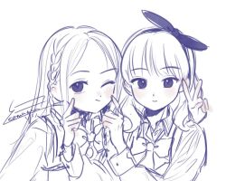 Rule 34 | 2girls, ;), arm around shoulder, arms up, artist name, assault lily, blush, bow, bow hairband, bowtie, braid, closed mouth, collared shirt, commentary request, fingers to cheeks, hair bow, hairband, hand up, komuzuka, kuroki francisca yuria, long hair, long sleeves, looking at viewer, ludvico private girls&#039; academy school uniform, medium hair, monochrome, multiple girls, one eye closed, parted bangs, school uniform, shirt, side-by-side, side braid, signature, simple background, sketch, smile, spot color, tachibana theresia nagisa, upper body, v, white background