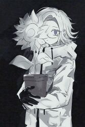 1boy ac_warlock aotsuki_eito black_background flower flower_pot glasses gloves greyscale highres holding holding_flower_pot jacket looking_at_viewer male_focus monochrome one_eye_covered plant potted_plant short_hair simple_background solo spot_color sunflower the_hundred_line_-last_defense_academy- upper_body
