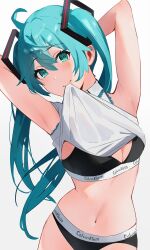 1girl absurdres ahoge aqua_eyes aqua_hair arms_up black_bra black_panties blush bra breasts calvin_klein cleavage closed_mouth clothes_in_mouth daminminmin hair_between_eyes hair_ornament hatsune_miku highres long_hair medium_breasts midriff navel panties shirt simple_background sleeveless sleeveless_shirt solo stomach twintails underwear very_long_hair vocaloid white_background white_shirt