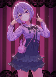 1girl a.i._voice absurdres alternate_costume animal_bag black_ribbon black_skirt blush breasts buttons center_frills closed_mouth collared_shirt colored_eyelashes commentary_request double_v fingernails frilled_shirt frilled_shirt_collar frilled_skirt frilled_sleeves frills hair_between_eyes hair_ornament hands_up hatyomugi00 head_tilt high-waist_skirt highres jirai_kei lips long_sleeves pink_background pink_bag purple_eyes purple_hair purple_shirt rabbit_bag ribbon shirt short_hair skirt small_breasts solo standing striped_background v vocaloid voiceroid yuzuki_yukari yuzuki_yukari_(shizuku)