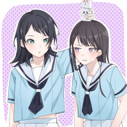 Rule 34 | 2girls, bang dream!, bang dream! it&#039;s mygo!!!!!, black hair, black neckerchief, blue eyes, blue shirt, blush, brown hair, carton, commentary request, hanasakigawa school uniform, highres, medium hair, midriff peek, mole, mole under eye, multiple girls, nanami (nunnun 0410), neckerchief, open mouth, outline, pleated skirt, purple eyes, sailor collar, school uniform, shiina taki, shirt, skirt, sweatdrop, white outline, white sailor collar, white skirt, yahata umiri