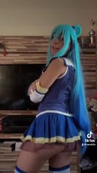 Rule 34 | 1girl, animated, aqua (konosuba), aqua (konosuba) (cosplay), armpits, ass, ass shake, audible music, bare shoulders, blue hair, brazilian (nationality), cosplay, female focus, highres, indoors, kono subarashii sekai ni shukufuku wo!, long hair, looking at viewer, nerokosplayer, no panties, ok sign, photo (medium), real life, skirt, solo, sound, tagme, teeth, thighhighs, video, white thighhighs