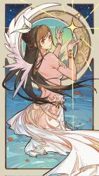 1girl armlet ass bikini bikini_skirt black_hair bracelet crescent_moon crow0cc final_fantasy final_fantasy_vii final_fantasy_vii_ever_crisis highres jewelry long_skirt moon official_alternate_costume official_alternate_hairstyle partially_submerged red_eyes see-through_clothes see-through_skirt skirt solo swimsuit tifa_lockhart tifa_lockhart_(passion_mermaid) water wet white_bikini