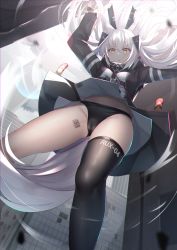 1girl animal_ears arms_up barcode barcode_tattoo bare_legs black_gloves black_jacket black_panties black_thighhighs breasts cameltoe city cowboy_shot day dress falling fingerless_gloves foreshortening fox_ears fox_girl fox_tail from_below gloves groin hair_between_eyes headpiece highres jacket leg_tattoo long_hair long_sleeves looking_at_viewer looking_down medium_breasts mirufuaa open_clothes open_jacket original outdoors panties parted_lips shirt short_dress silver_hair single_thighhigh solo tail tattoo thighhighs thighs underwear upskirt v-shaped_eyebrows white_dress white_shirt yellow_eyes