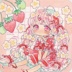 1girl amu_(m_aa) arms_between_legs blush bow bow_choker cherry choker closed_mouth commentary_request dated deformed dress earrings flower food food-themed_earrings food_themed_earrings fruit hair_flower hair_ornament hair_ribbon hairclip heart heart_hair_ornament high_heels jewelry long_hair original painting_(medium) petticoat pink_eyes pink_hair puffy_short_sleeves puffy_sleeves red_bow red_choker red_dress red_shoes ribbon shoes short_sleeves signature solo strawberry strawberry_earrings tareme traditional_media v_arms watercolor_(medium) white_flower white_ribbon