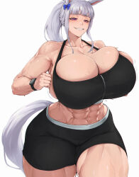 1girl abs animal_ears black_shorts breasts cowboy_shot gold_ship_(umamusume) grey_hair grin highres horse_ears horse_girl horse_tail huge_breasts looking_at_viewer midriff muscular muscular_female ponytail purple_eyes running short_shorts shorts smile solo sports_bra tail thick_thighs thighs umamusume undersized_clothes watch white_background wristwatch zer0.zer0