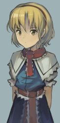 1girl alice_margatroid aqua_background blonde_hair capelet commentary hairband kornod looking_at_viewer medium_hair red_hairband solo touhou upper_body white_capelet yellow_eyes
