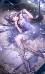 Rule 34 | 1girl, artist request, ballet slippers, black hair, blue collar, blue dress, blue nails, blue ribbon, blue shoes, blue sleeves, box, closed mouth, collar, detached collar, detached sleeves, dress, falling petals, feather hair ornament, feathers, floral print, flower, frilled dress, frilled sleeves, frills, full body, game cg, grey eyes, hair flower, hair ornament, hair spread out, hand in own hair, hand on own chin, happy, highres, in box, in container, indoors, jewelry, leg ribbon, light particles, lilith (shining nikki), lipstick, long hair, lying, makeup, music box, nail polish, nikki (series), official art, on side, pantyhose, petals, red lips, ribbon, ring, rose, rose petals, rose print, see-through clothes, see-through wrist cuffs, shining dance (shining nikki), shining nikki, shoes, short dress, short sleeves, smile, solo, sparkle, very long hair, white flower, white pantyhose, white rose, white wrist cuffs, wrist cuffs