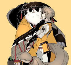 2boys black_fur brown_fur brown_hair chinese_clothes closed_eyes closed_mouth commentary_request facing_viewer furry furry_male glasses hand_on_headwear looking_at_viewer looking_to_the_side male_focus multiple_boys open_mouth pan_yinhu panda_boy round_eyewear saruzenzzz shirt smile white_fur wok ye_shiyuan yellow_shirt zenless_zone_zero