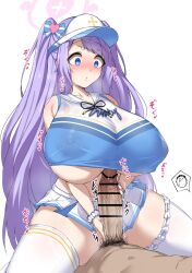 1boy 1girl absurdres bar_censor bare_shoulders blue_archive blue_eyes blush breasts censored clothed_female_nude_male covered_erect_nipples crop_top curvy doodle_sensei_(blue_archive) erection girl_on_top halo hanae_(blue_archive) hanae_(cheer_squad)_(blue_archive) handjob heart heavy_breathing hetero highres huge_breasts large_penis long_hair miniskirt no_bra noe_(ppppriver) nude penis purple_hair scrunchie see-through_clothes sensei_(blue_archive) simple_background sitting skirt solo_focus spread_legs straddling sweat thick_thighs thighhighs thighs twintails two-handed_handjob underboob veins veiny_penis visor_cap white_background wide_hips wrist_scrunchie