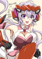 1girl ahoge blush breasts cleavage grey_hair highres kanna_(plum) large_breasts long_hair looking_at_viewer low_twintails open_mouth purple_eyes senki_zesshou_symphogear smile solo thighhighs twintails very_long_hair white_hair yukine_chris