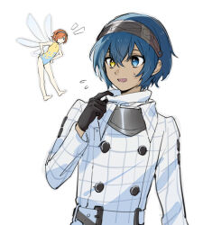 Rule 34 | 1boy, 1girl, black gloves, black hairband, blue eyes, blue hair, commentary request, dark-skinned male, dark skin, fairy, fairy wings, flying sweatdrops, gallica (metaphor: refantazio), gloves, hair between eyes, hair over one eye, hairband, hands on own hips, heke, heterochromia, jacket, looking at another, metaphor: refantazio, mini person, minigirl, one eye covered, orange hair, protagonist (metaphor: refantazio), short hair, simple background, size difference, sweatdrop, white background, white jacket, wings, yellow eyes