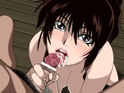 00s 1girl basilisk_(manga) brown_eyes brown_hair censored cum cum_in_mouth fellatio hetero nude okoi oral penis ponytail pubic_hair saliva tongue