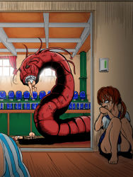5girls ass bad_id bad_pixiv_id barefoot bleeding blood blue_skirt brown_hair corpse covering_own_mouth dismembered feet guro hiding highres indoors knees_together_feet_apart knees_up lying miniskirt monster multiple_girls nude on_floor on_stomach panties pantyshot peril pleated_skirt pussy scared school_gym school_uniform serafuku shirt short_sleeves sinmo_(dolomang) sitting size_difference skirt striped_clothes striped_panties tears tentacles underwear upskirt vore white_panties white_shirt worm