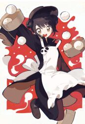 1girl apron arm_up axis_powers_hetalia back_bow black_pants black_shirt border bow brown_eyes brown_hair brown_hat brown_shoes changpao china_(female)_(hetalia) china_(hetalia) chinese_clothes double_bun food frills genderswap genderswap_(mtf) hair_bun hat holding holding_tray izuki1428 jumping long_sleeves looking_at_viewer open_mouth outside_border panda_ornament pants red_background shirt shoes short_hair simple_background smile solo star_(symbol) steamed_bun teeth tray white_apron white_border white_bow wide_sleeves