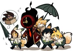 Rule 34 | 1other, 2girls, 3boys, aislan, animal ears, black gloves, black hair, brown hair, brown raincoat, chibi, clock, coat, dante (limbus company), don quixote (project moon), e.g.o (project moon), fire, fox ears, fox tail, full body, gloves, heathcliff (project moon), limbus company, long sleeves, looking at another, multiple boys, multiple girls, necktie, object head, outis (project moon), project moon, purple eyes, raincoat, red coat, red necktie, short hair, simple background, sinclair (project moon), standing, sunshower (e.g.o), tail, umbrella, white background, white raincoat, yellow eyes, yi sang (project moon)
