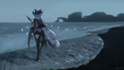 1girl arknights artist_name beach black_cape black_capelet black_gloves black_hat black_pants boots brown_boots cape capelet character_name closed_mouth clothing_cutout copyright_name eyes_visible_through_hair full_body gloves grey_shirt hair_between_eyes hat highres holding holding_strap long_hair low-tied_long_hair nest orlijiang outdoors pants red_eyes scenery shirt silver_hair skadi_(arknights) smile solo sword sword_behind_back thigh_cutout walking weapon wide_shot