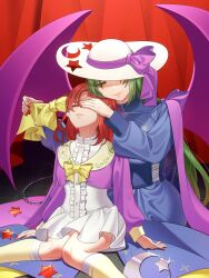 Rule 34 | 2girls, adapted costume, alternate costume, blue dress, bow, corset, covering another&#039;s eye, crescent, demon wings, dress, earrings, floral print, frilled dress, frills, green eyes, green hair, guumin, hat, hat bow, highres, jewelry, kirisame marisa, kirisame marisa (pc-98), long hair, long sleeves, mima (touhou), multiple girls, purple vest, purple wings, red curtains, red hair, short hair, star (symbol), story of eastern wonderland, thighhighs, touhou, touhou (pc-98), vest, white dress, wings, yellow thighhighs