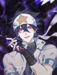 1boy aotu_world bandana black_gloves black_hair black_shirt blood blood_on_face chinese_text electricity fingerless_gloves gloves hair_between_eyes headband highres injury jacket licking_lips looking_at_viewer male_focus open_clothes open_mouth purple_eyes ray_(aotu_world) shirt short_hair short_sleeves smile smoke solo star_(symbol) star_print teeth tongue tongue_out turtleneck upper_body white_headband white_jacket zrxwhewbtk